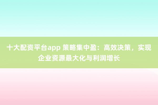 十大配资平台app 策略集中盈：高效决策，实现企业资源最大化与利润增长